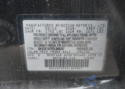 2013 Nissan Versa 1.6 Sv from USA, damaged, VIN 3N1CN7AP2DL889267